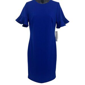 Calvin Klein Blue Ruffle Sleeve Sheath Dress Back Zip Closure Size 4 Women New